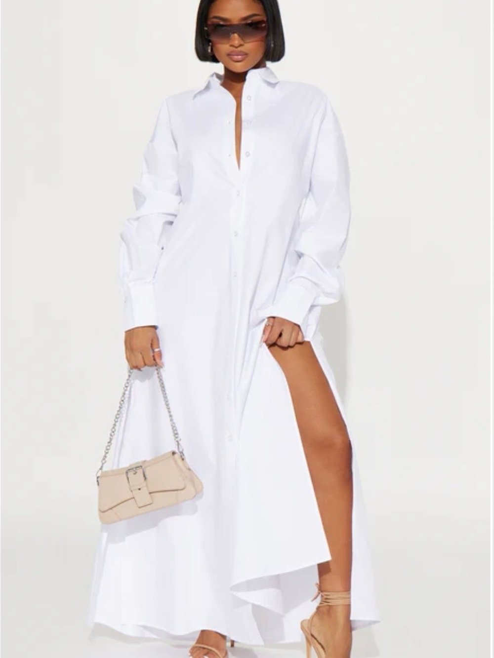 Women’s White Maxi Shirt Dress with Side Slit